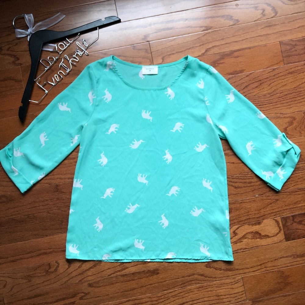 Everly Small Elephant Print Rolltab Sleeve Blouse